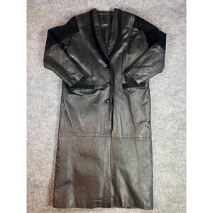 VTG Comint Black Leather Maxi Trench Coat Womens M Goth Grunge Mob Wife 90s